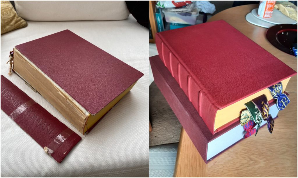 An old Roman Missal with a missing spine, and the same edition after a book repairs on a 1962 Roman Missal with a clamshel box