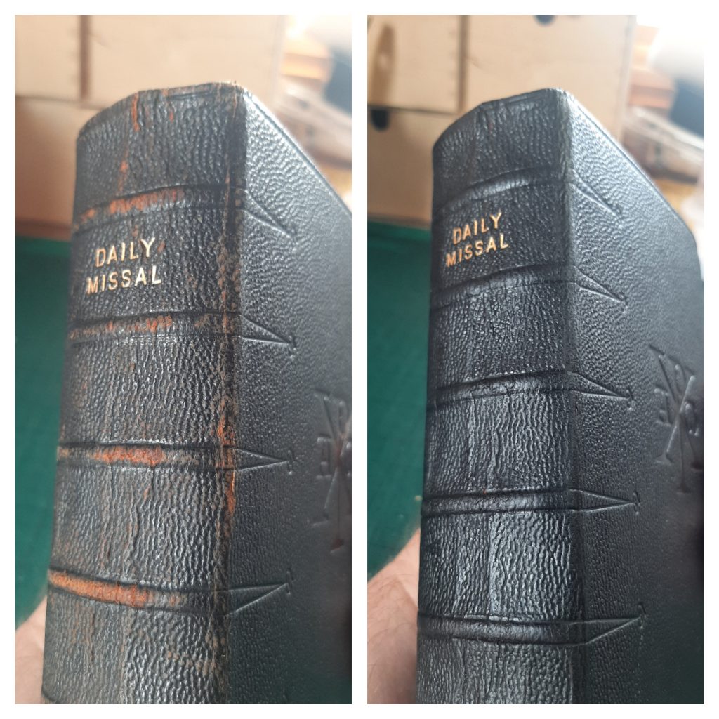 Before and after of a book spine repair redyed black leather