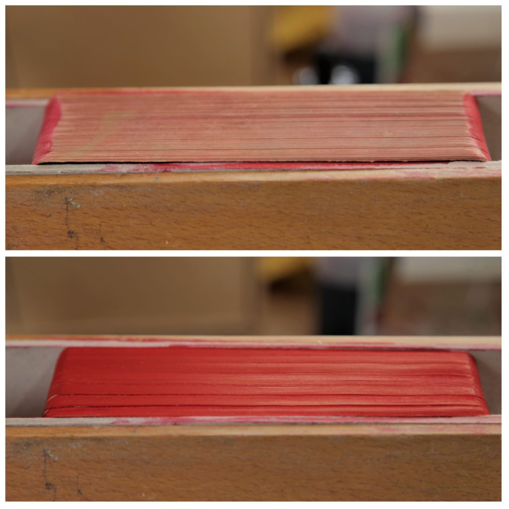 Before and after book restoration of red colour on page edges