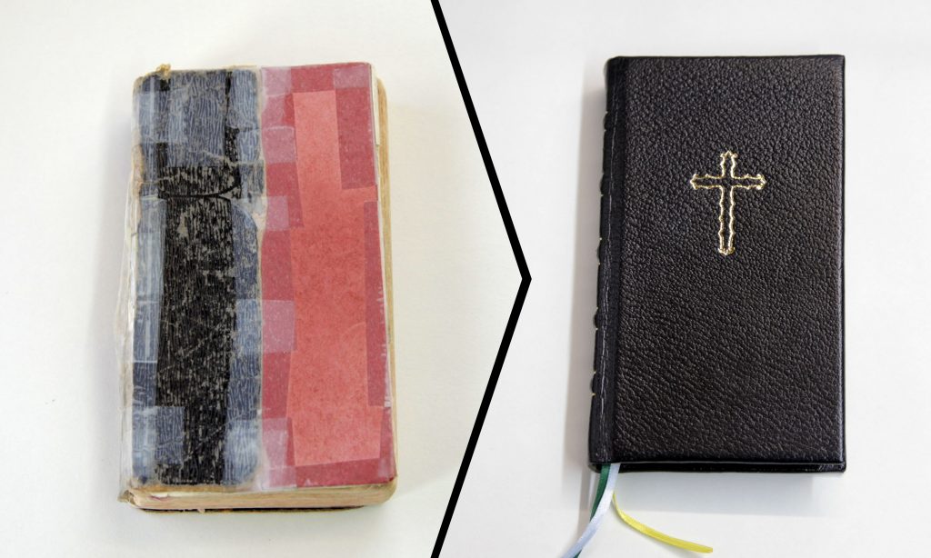 Pocket Missal before and after with new leather cover and gold cross
