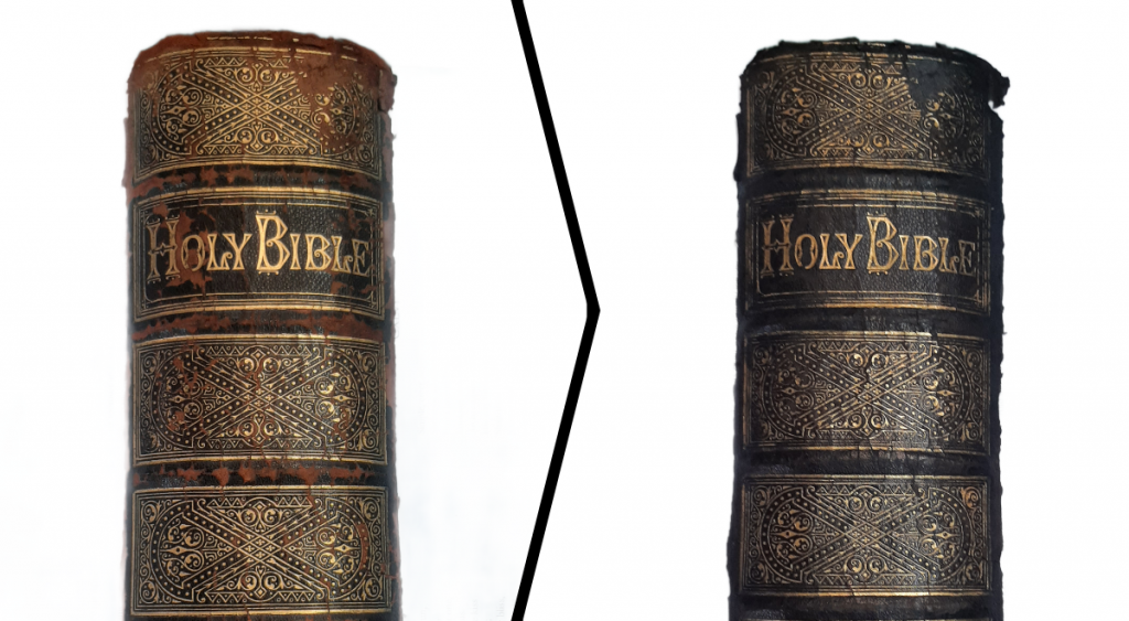 Before and after Bible spine in black leather redyed black