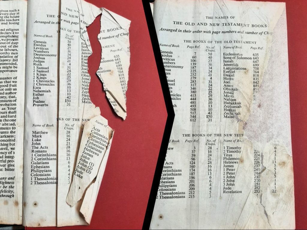 Bible page with severe damage before and after Japanese tissue repair